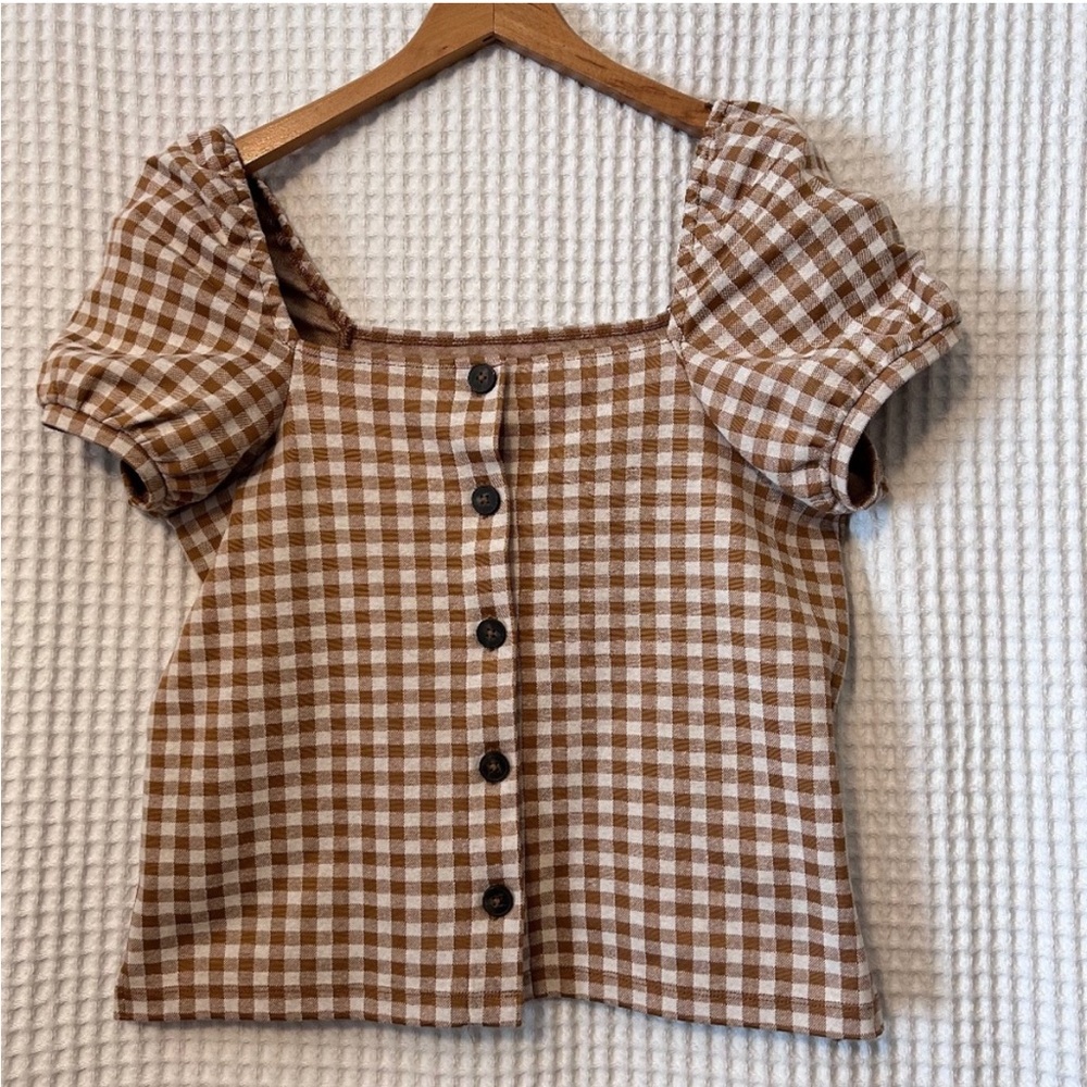 Madewell  Size Medium Gingham Square Neck Puff Sleeve Button Down